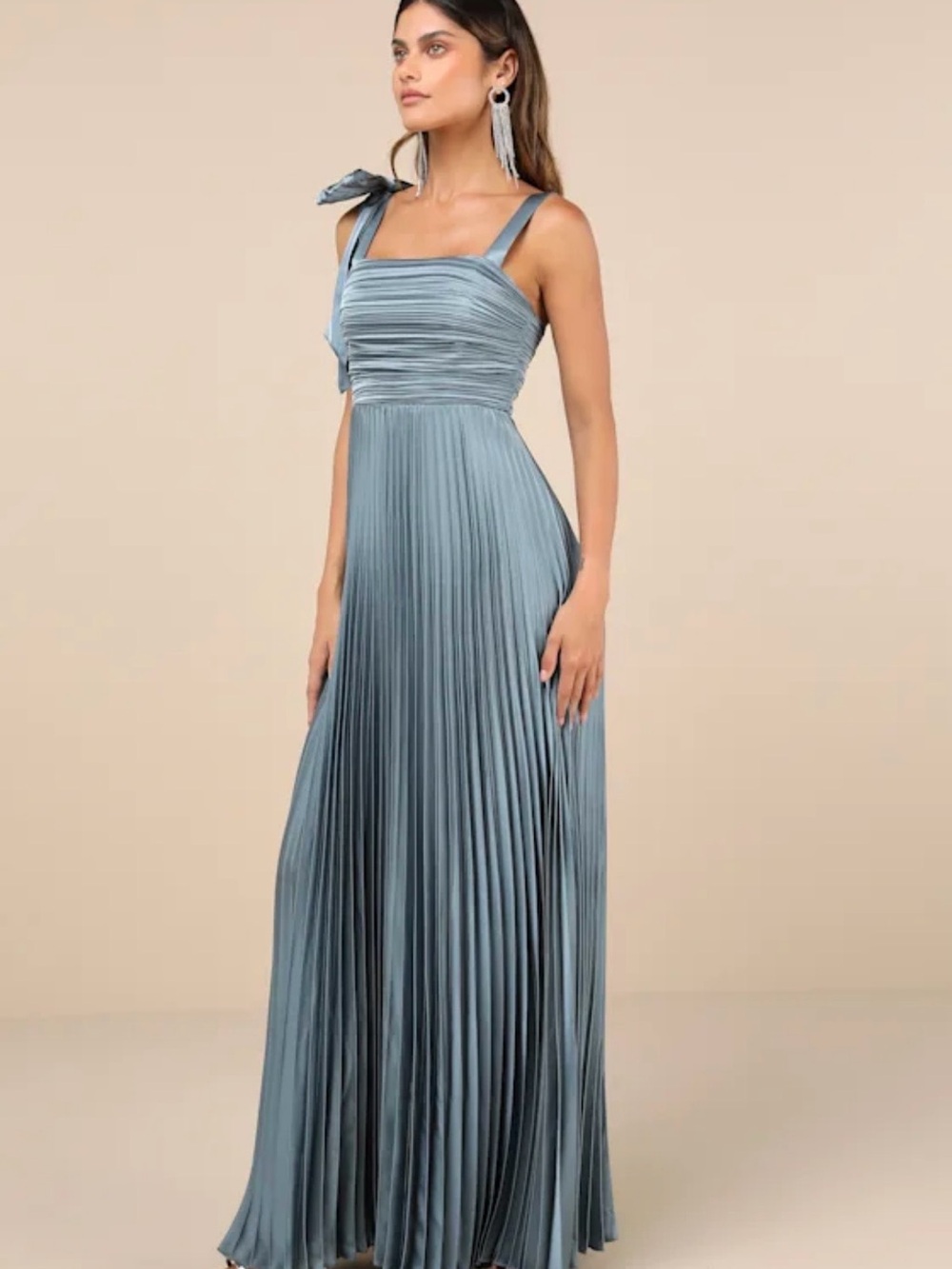 NWT Lulus Gorgeous Purpose slate satin pleated maxi dress - Picture 3 of 8
